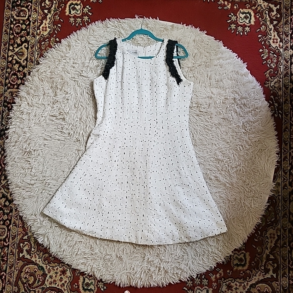 Vintage Sara Campbell White & Black Tweed Sleeveless Dress Chic Quiet Luxury 10